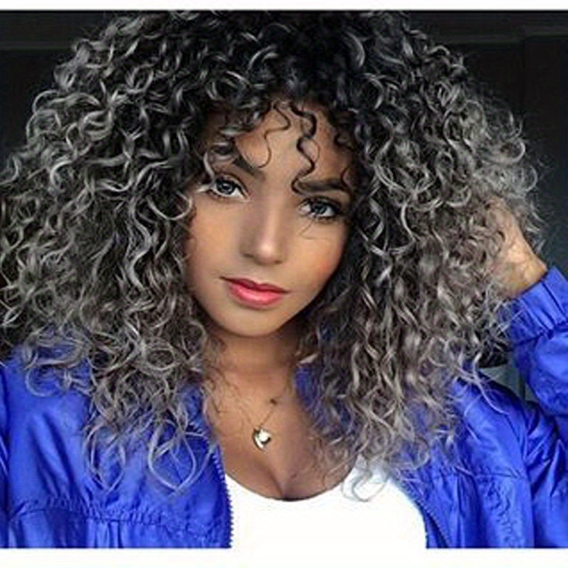 

Elegant Curly Wave Wig For Women - Heat Resistant High Temperature Fiber, Short Black To Grey Gradient, Natural Full Look With Comfortable Rose Net Cap, Suitable For All People