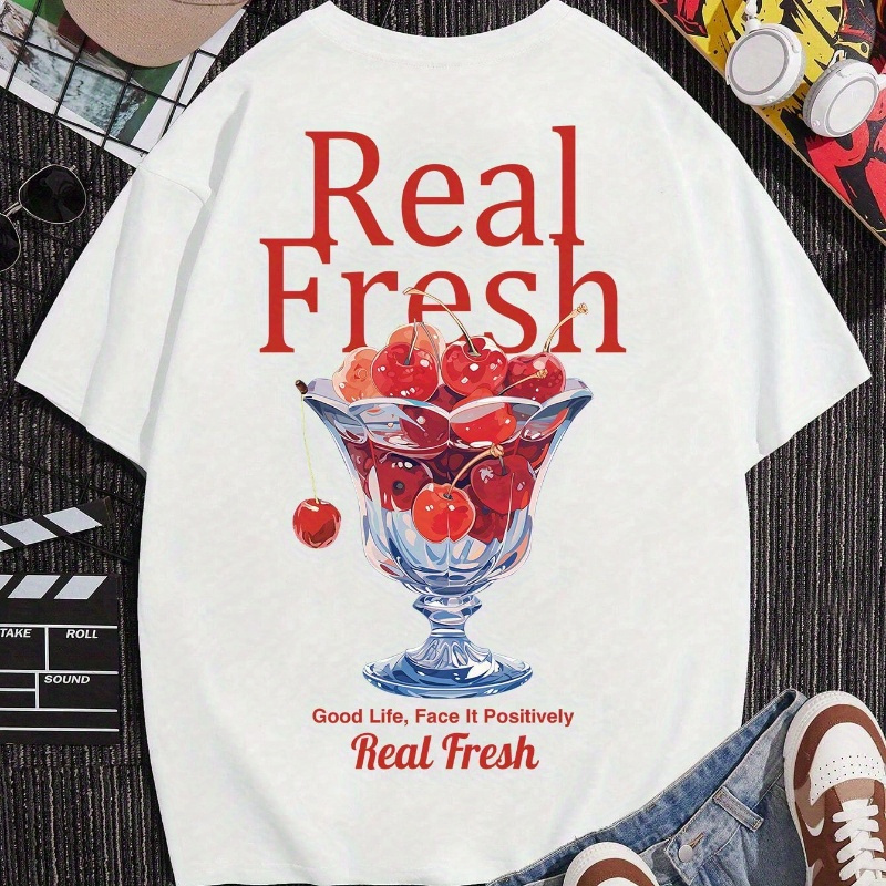 

Men's Summer Cherry Pattern And Lettering Print T-shirt Casual Casual