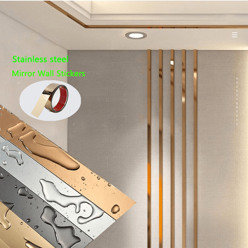 

1 Roll Golden Wall Sticker Stainless Steel Flat Decorative Lines Titanium Wall Ceiling Edge Strip Mirror Living Room Decoration