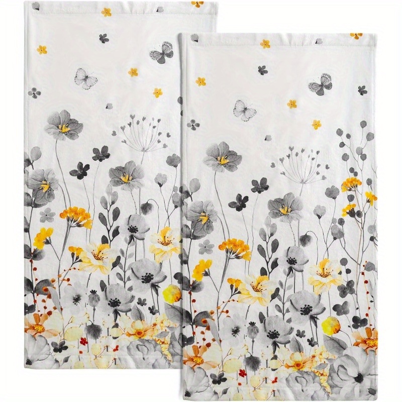 

2pcs Watercolor Hand Towels - 18x26" | Absorbent & Decorative Kitchen Dish Towels With Yellow And Grey Flowers | Home, Gym, Spa, And Guest Bathrooms