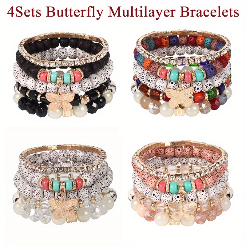 

20pcs Bohemian Natural Stone Beaded Bracelets For Women, Butterfly Elastic Multilayer Colorful Charm Bracelets, Summer Beach Gift For Women Men