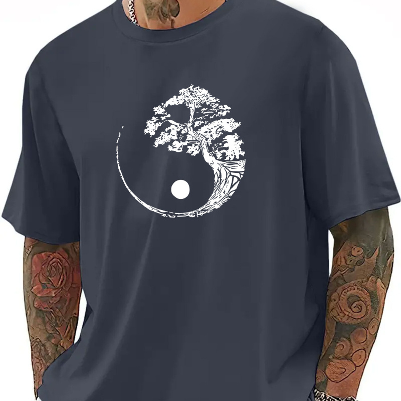 

Creative Yin-yang Tree Graphic Print Men's Summer Casual Short Sleeve T-shirt, Round Neck, Comfy And Simple Fit, Versatile Outdoor Top For Daily Wear