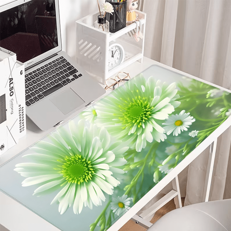 

Extra Large Fresh Daisy Flower Mouse Pad - Non-slip Rubber Stitched Edge Gaming Mat - Office & Home Desk Mousepad With Green Floral Design