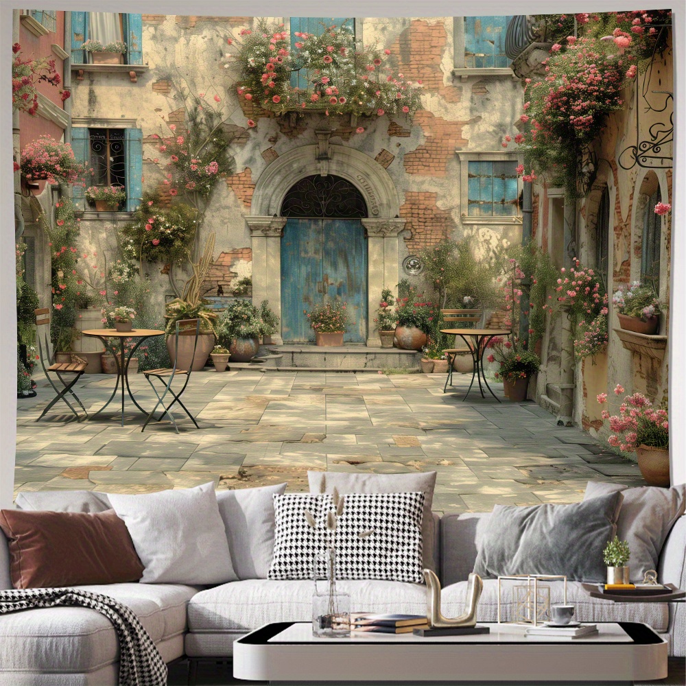 

European Courtyard Scene Polyester Canvas Wall Art - Modern Decorative Rolled Canvas For Living Room, Bedroom, Office Home Decor With Installation Kit - 1 Piece