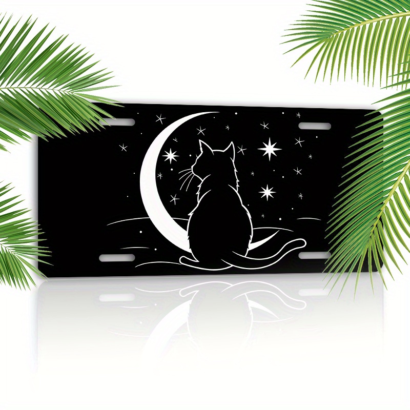 

Waterproof Aluminum License Plate - 1pc, 6x12 Inch, Cat And Moon Design, Printing, Novelty Vehicle Tag