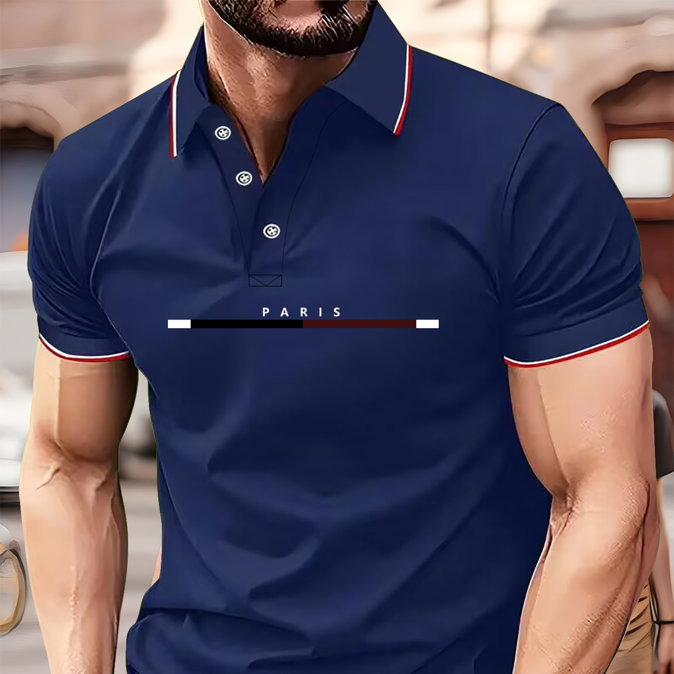 

Paris Letter Print Men's Short Sleeve Lapel Golf T-shirt, Summer Trendy Tennis Tees, Casual Comfortable Breathable Top For Outdoor Sports