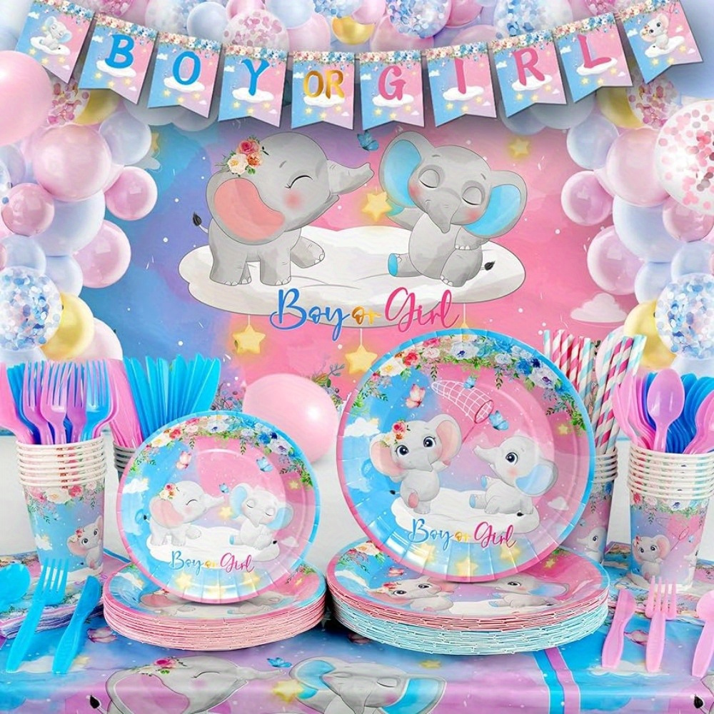 

327pcs Gender Reveal Party Supplies, Baby Shower Decorations Serves 25 Guests, Boy Or Girl Elephant With Tableware, 120pcs Balloons, Backdrop