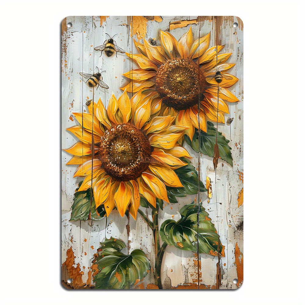 

Charming Sunflower & Bee Metal Wall Art - 8x12" Vintage Tin Sign For Home, Bar, Or Garage Decor - Easy Install, Reusable Aluminum