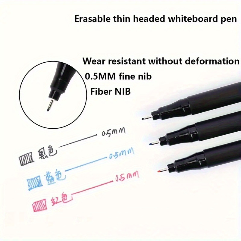 

3pcs Erasable Whiteboard Markers, 0.5mm Extra Fine Tip Dry Erase Marker Pens - Durable Fiber Nib, Wear-resistant - Office And School Stationery Supplies
