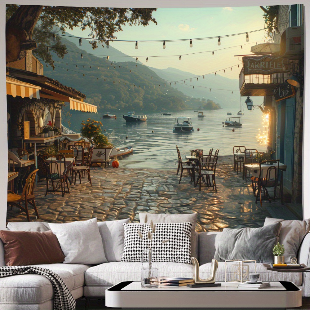 

Coastal Morning Scenery Polyester Canvas Wall Art, Seaside Cafe Landscape Rolled Canvas For Living Room, Bedroom, Office Home Decor With Installation Kit - 1 Piece