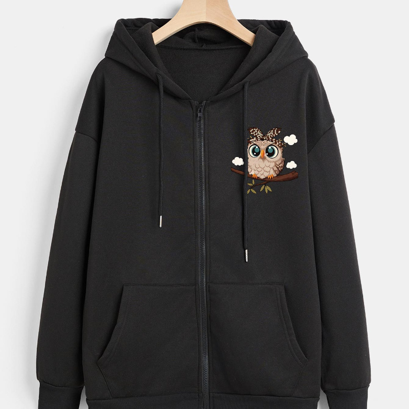 

Cute Owl Print Zip Front Hoodie, Casual Drawstring Kangaroo Pocket Long Sleeve Hooded Sweatshirt, Women's Clothing