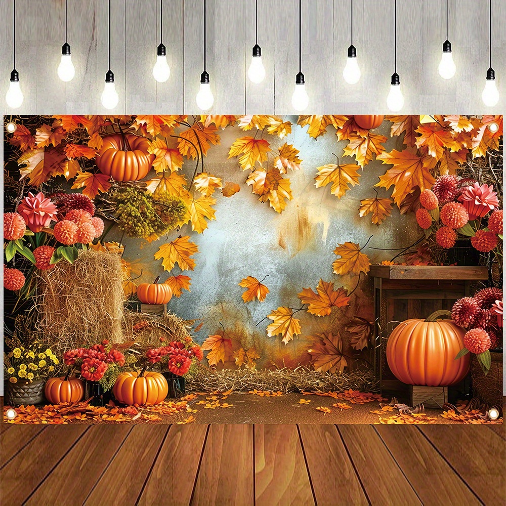 

1pc, Autumn Photography Backdrop Fabric, Polyester, Maple Leaf Floral Pumpkin Pattern, Family Party Banner, Thanksgiving Party Supplies Farm Harvest Portrait Photo Booth Props