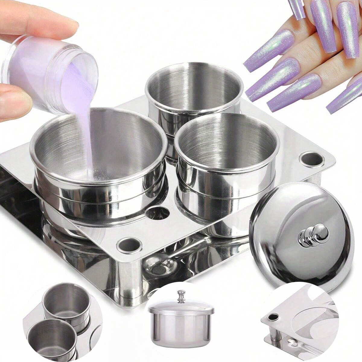 

3-piece Stainless Steel Nail Art Set: Acrylic Liquid & Powder Cups With Metal Lids - Durable, Non-slip, Shatterproof Manicure Tools Nail Accessories Nail Art Supplies