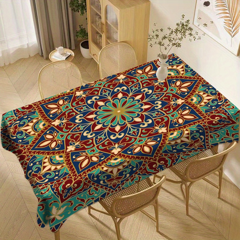 

Waterproof And Oil-proof Polyester Tablecloth – Vibrant Mandala Print, Square Woven Table Cover For Dining & Home Decor, Machine Made, 1pc