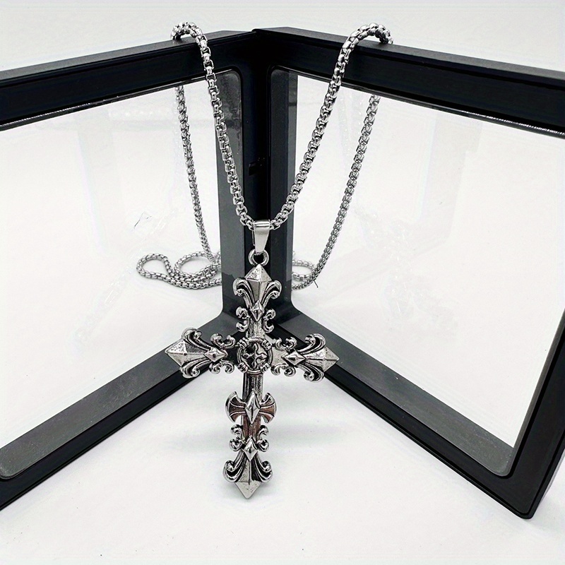 1pc vintage cross floral gothic style alloy silver color long necklace womens party vacation birthday gift details 2