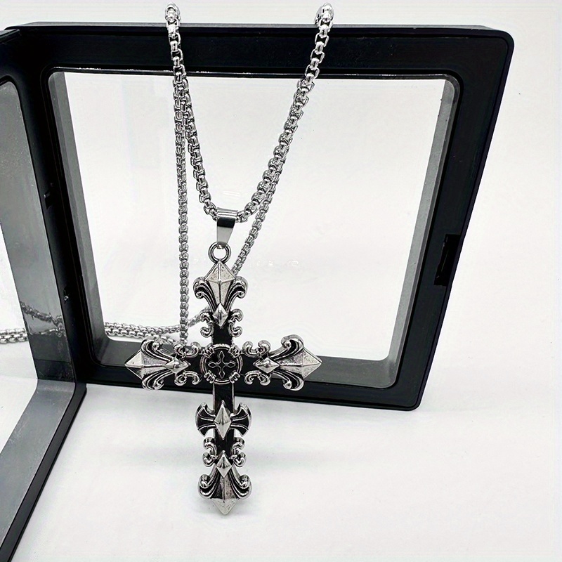 1pc vintage cross floral gothic style alloy silver color long necklace womens party vacation birthday gift details 3