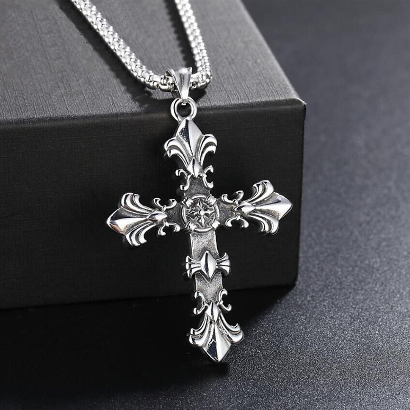 1pc vintage cross floral gothic style alloy silver color long necklace womens party vacation birthday gift details 4