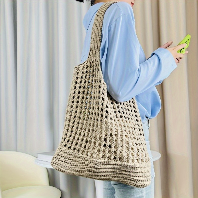 

Large Capacity Polyester Knitted Hobo Bag, Summer Beach Tote Bag, Reusable Bag For Shopping Outfits