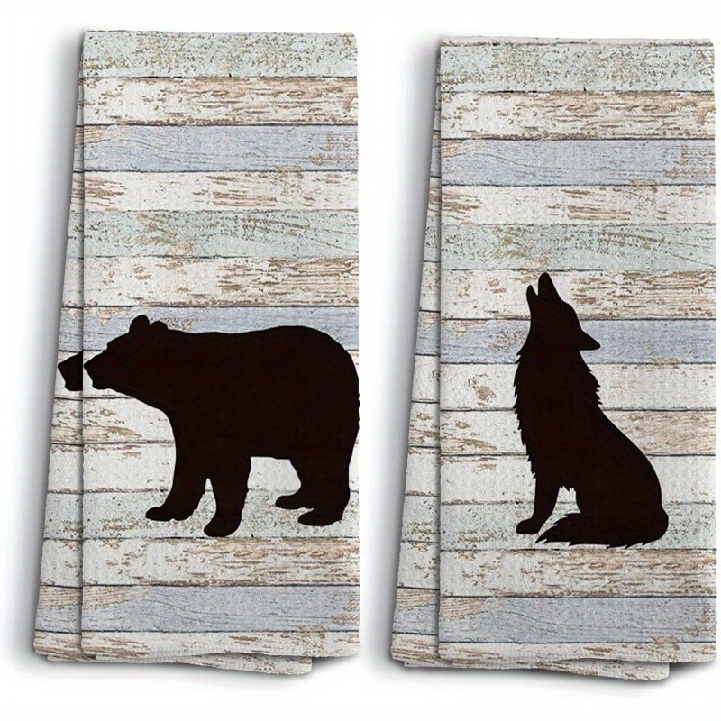 

Set Of 2 Polyester Blend Kitchen Towels - Contemporary Woven Animal-themed Dish Towels With Bear And Wolf Silhouettes, Super Soft And Machine Washable, 18x26 Inches, Perfect For Rv And Camper Use