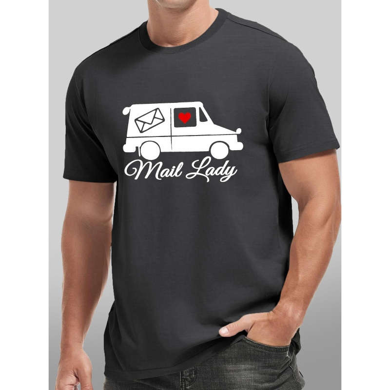 

Mail Lady Car Graphic Print Men's Crew Neck Short Sleeve Tees, Breathable Polyester Fabric T-shirt, Casual Comfortable Versatile Top For Summer