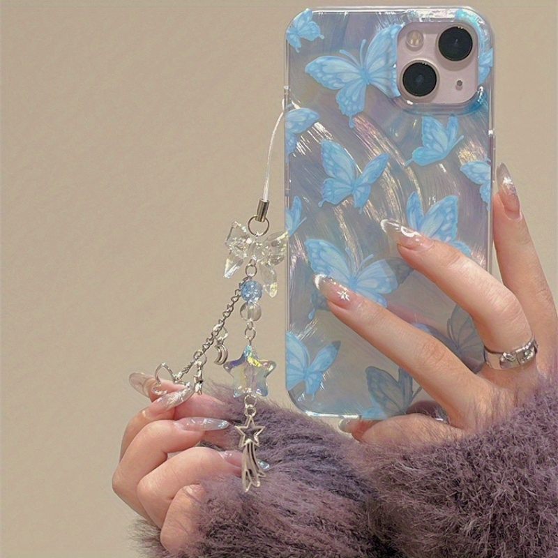 Japanese and Korean Yusha Blue Butterfly Pendant Suitable for iPhone15promax Mobile Phone Case Apple 14pro New 11 Spring and Summer 15 Niche 14 Female 13pro Internet Celebrity 12 Anti-fall Full Cover Mobile Phone Case Soft