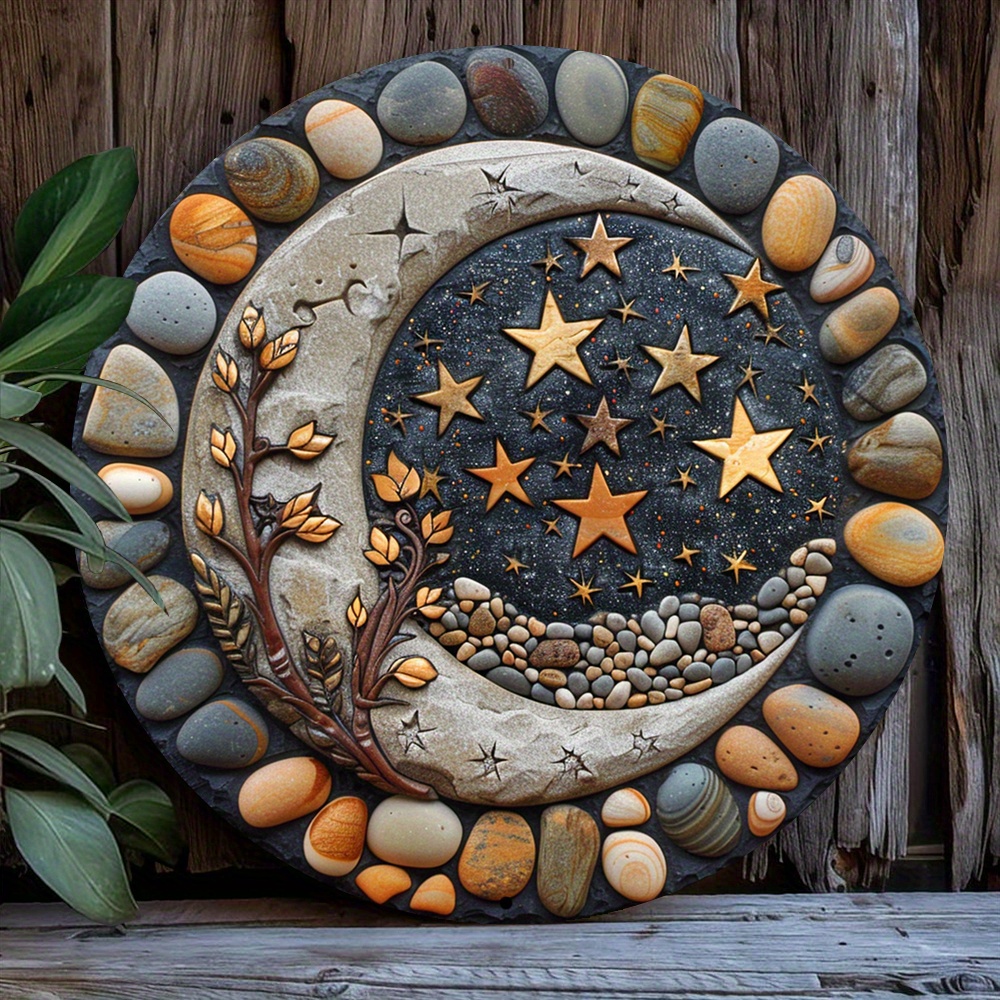 

1pc Aluminum Celestial Moon And Stars Wall Art, 8-inch Weather-resistant Outdoor Metal Wreath, Decorative 2d Effects Hanging Plaque For Home And Garden Decor - Father's Day Gift Idea B3607