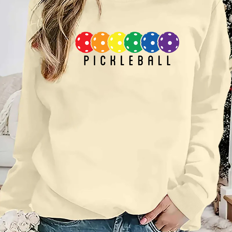 

Women's Casual Round Neck Sweatshirt With Pickleball Colorful Dot Design Print, Fashionable Long Sleeve Pullover, Soft Sporty Leisure Wear