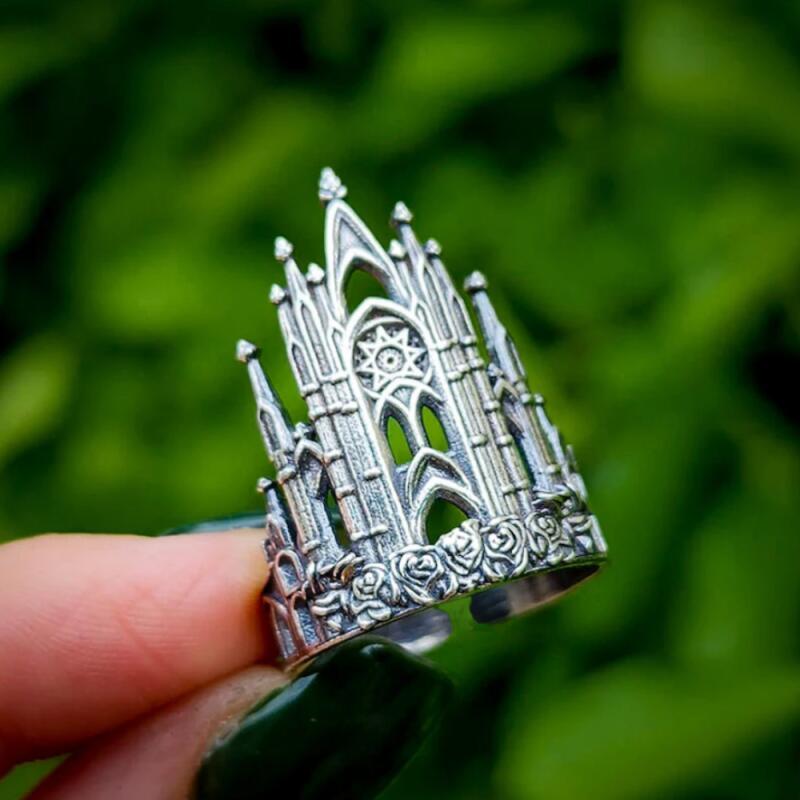 

1pc 2 Vintage Hollow Building Retro Style Alloy Ancient Silver Color Opening Ring Women Party Party Day Gift