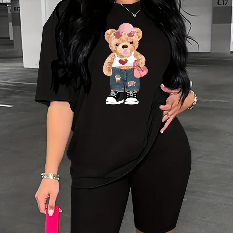 

Bear Print Casual 2 Piece Set, Crew Neck Short Sleeve T-shirt & Skinny Shorts Outfits, Women's Clothing