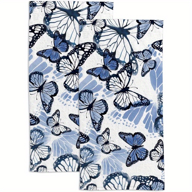 

2 Piece Set Of Absorbent Blue Butterfly Towels - 18 X 26 Inches, Soft Kitchen Dish Towels, Contemporary Style, Machine Washable, Insect Theme, Rectangular Shape, Viscose Blend Material