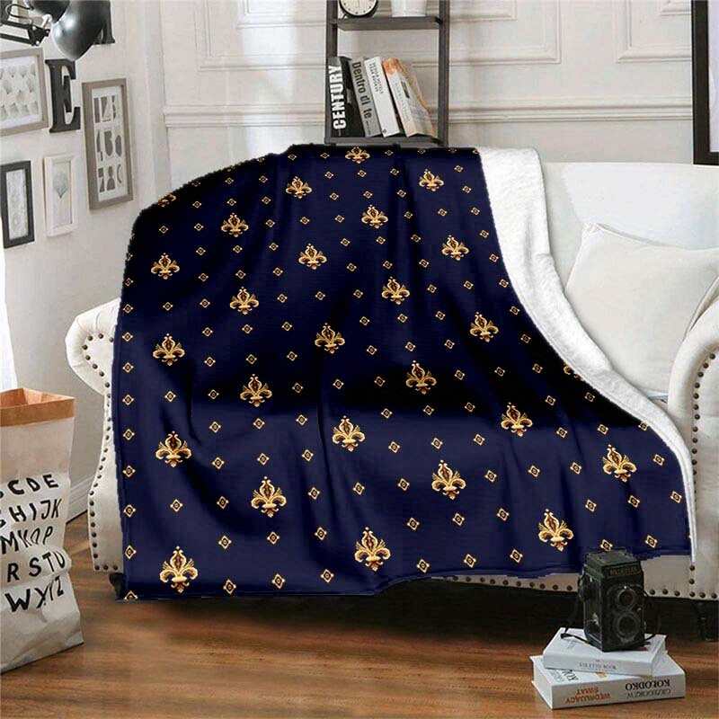 

Elegant Vintage Fleur-de-lis Pattern Blanket - 100% Polyester, Rectangular Large Sofa Throw, Versatile Shawl & Air Conditioning Blanket, Soft Comfortable Warm Multipurpose Blanket For Picnic & Car