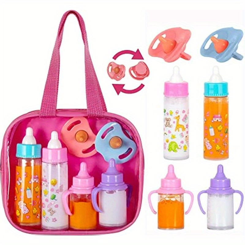 

Doll Feeding Adventure Set With Carrying Bag - Includes 3 Magic Fillable Bottles, 2 Realistic Pacifiers For Doll House Play - Ideal Gift For Ages 3-6