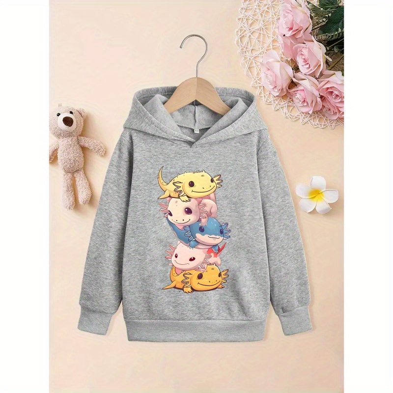 

Cute Cartoon Axolotls Graphic Print, Girls Stylish & Trendy & Warm Long Sleeve Hoodie With Fleece For Fall & Winter, Girls Hooded Sweatshirt For Streetwear