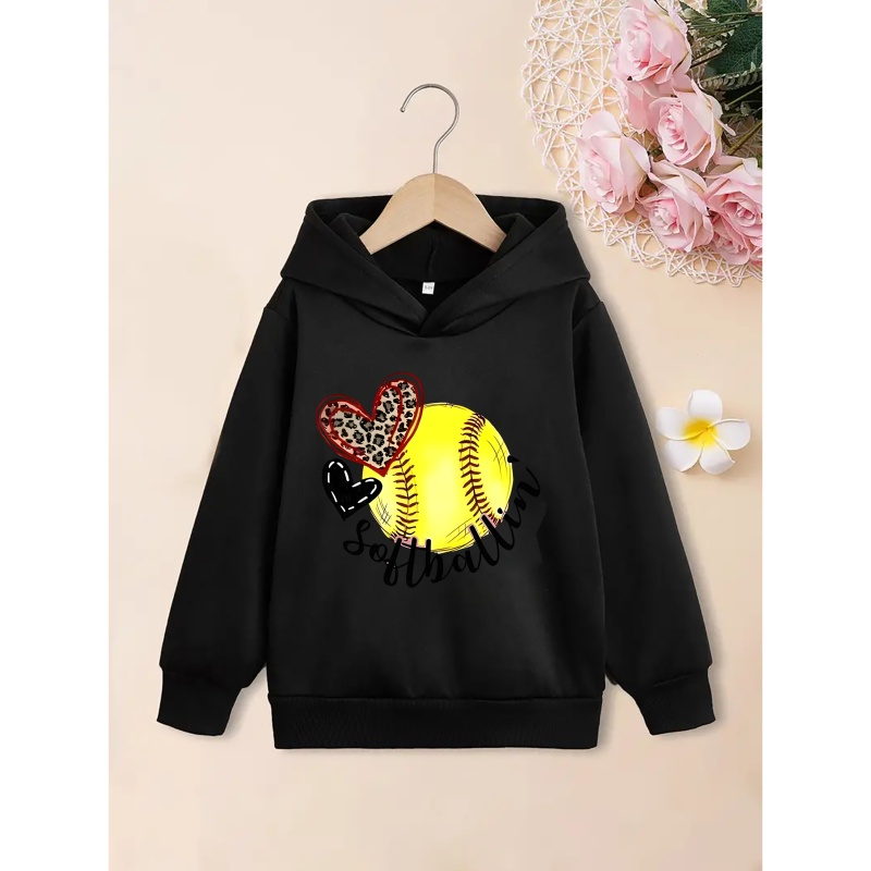 

Graffiti Softball & Hearts Graphic Print, Girls Stylish & Trendy & Warm Long Sleeve Hoodie With Fleece For Fall & Winter, Girls Hooded Sweatshirt For Streetwear