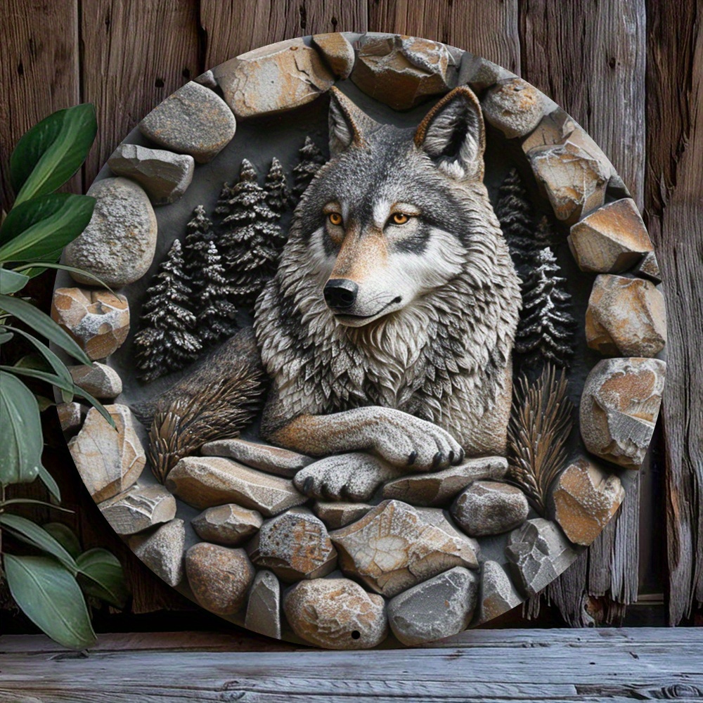 

8x8 Inch Aluminum Wolf Sign: Spring 2d Effects Metal Wreaths For Living Room Decor - Fathers Day Or Independence Day Wolf Theme Decoration