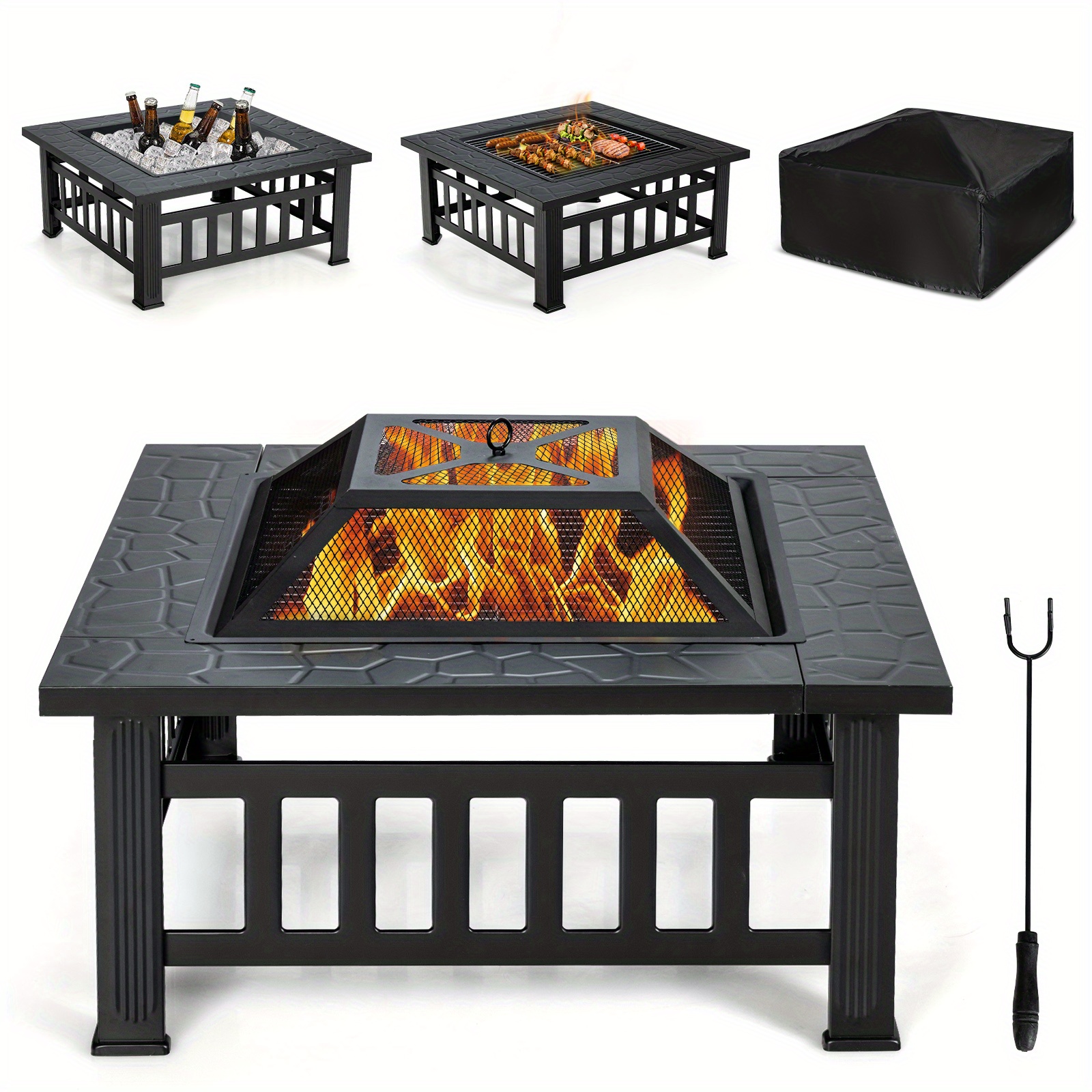 

Maxmass 32’’ 3 In 1 Outdoor Square Fire Pit Table W/ Bbq Grill, Rain Cover For Camping