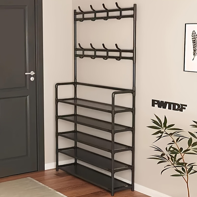 

1pc Metal Shoe Rack With Coat Hooks – Free Standing Entryway Organizer, Floor Mount, For Storage Of Shoes, Coats, Hats, Bags – Versatile Rack For Room Types