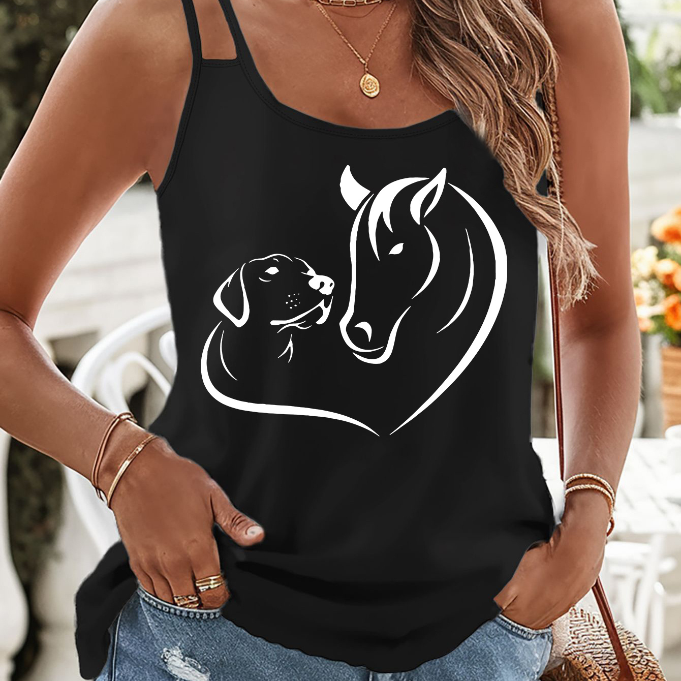 

Dogs Horses Print Double Straps Top, Casual Sleeveless Cami Top For Summer, Women's Clothing