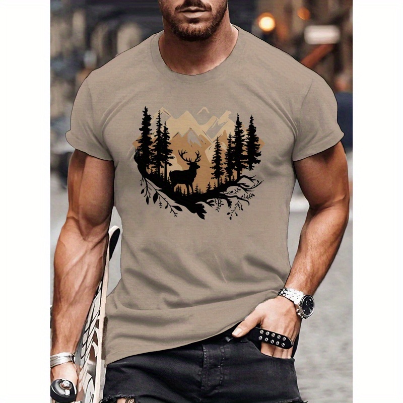 

Black Silhouette Landscape Print Tee Shirt, Tees For Men, Casual Short Sleeve T-shirt For Summer