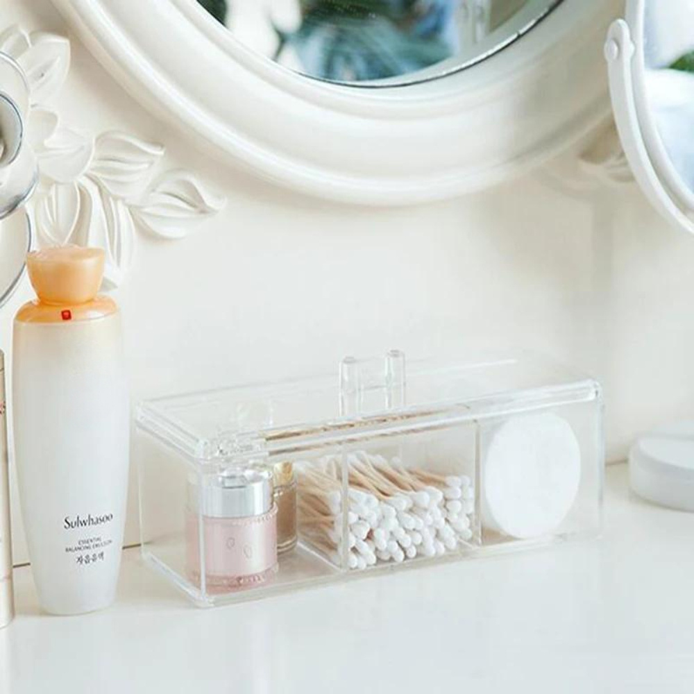 3 compartment transparent acrylic makeup organizer clear cosmetic storage box with soft lined drawers for brushes swabs pads durable vanity bathroom countertop organizer makeup organizers storage   sturdy construction Product details 2
