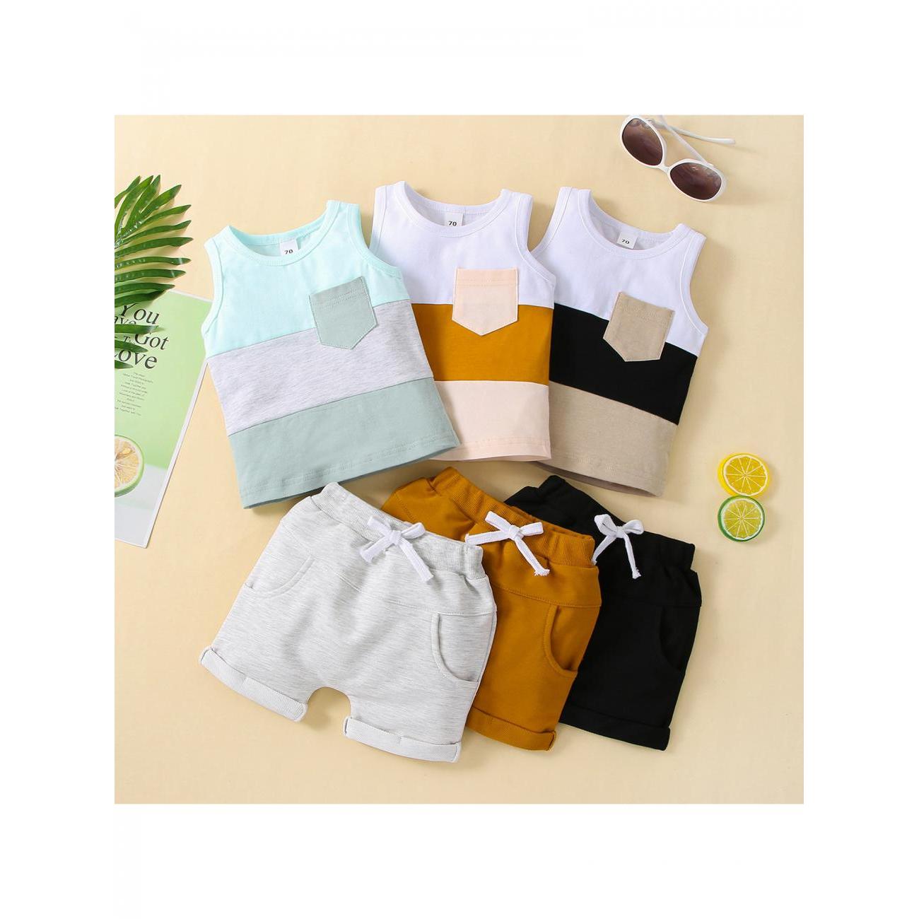 

Baby Boys 2pcs Outfit, Sleeveless Patchwork Tank Top + Elastic Waist Shorts, Toddler Boys Casual Clothing Set