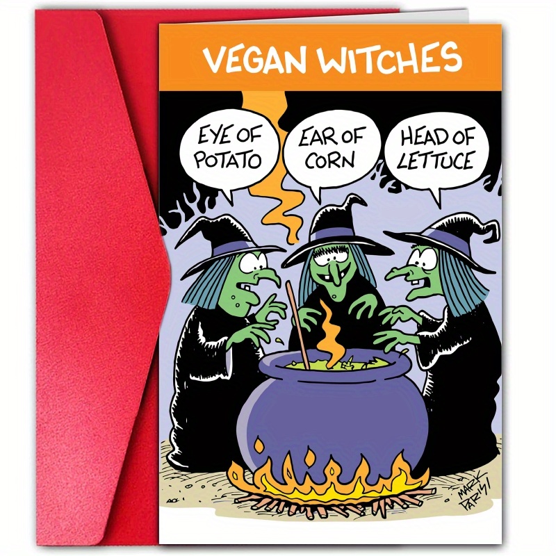 

Spooky Vegan Witch Halloween Card - Humorous Cartoon Design With Eye Of Potato, Ear Of Corn, Head Of Lettuce - Perfect For Friends