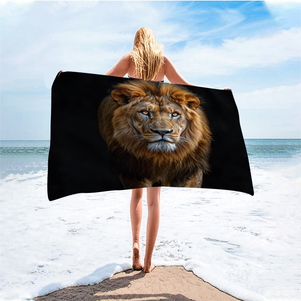 

1pc Quick-drying Lion Print Microfiber Beach Towel - Machine Washable, Super Absorbent Swim & Bath Towel, Modern Cartoon Style Polyester Towel With Woven Weaving, 240 Gsm