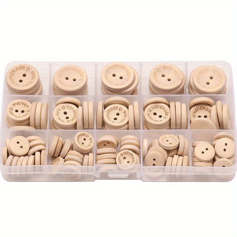 

140 Pcs Assorted Sizes Wood Buttons Set, Natural Khaki Handmade With Love Tags For Sewing, Crafting, Diy Clothing Accessories