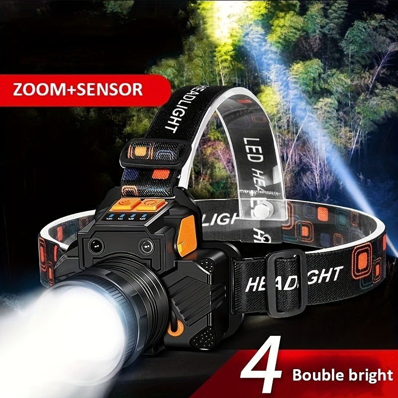 

Led Rechargeable Headlamp, Wave Motion Sensor, 7 Mode Adjustable, Zoomable, Usb-c Rechargeable With Side Lights For Ultimate Outdoor Adventures