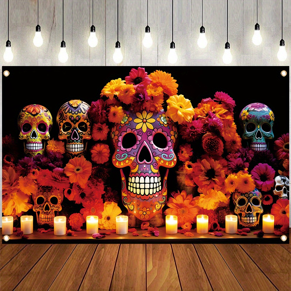 

Day Of The Dead Polyester Backdrop - & Floral Candlelight Design, Perfect For Mexican Festival Decorations, Party Supplies & Photo Booth Props