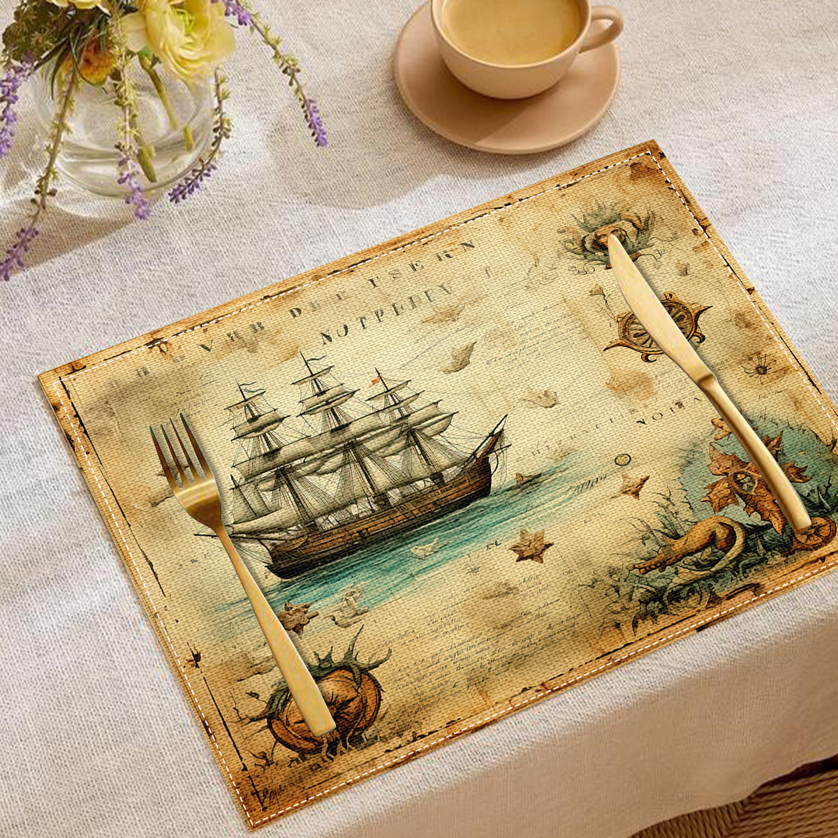 

Jit4pcs, Retro Nautical Element Printed Placemat, Dining Table Placemat, Party Decoration, Restaurant Table Top Coaster, 42cm*32cm