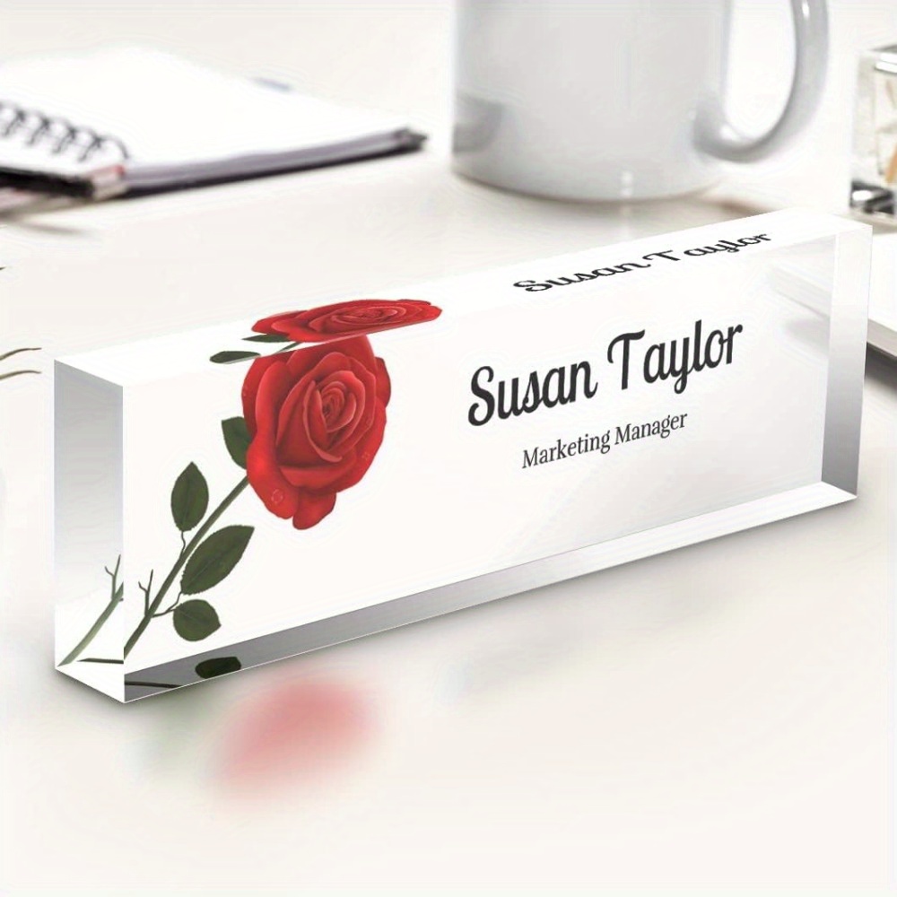 TEMU Plaque de Bureau en Acrylique Personnalisée avec Motif Élégant de Rose - Plaque Nom Personnalisable, Léger et , Acrylique de Haute Qualité,