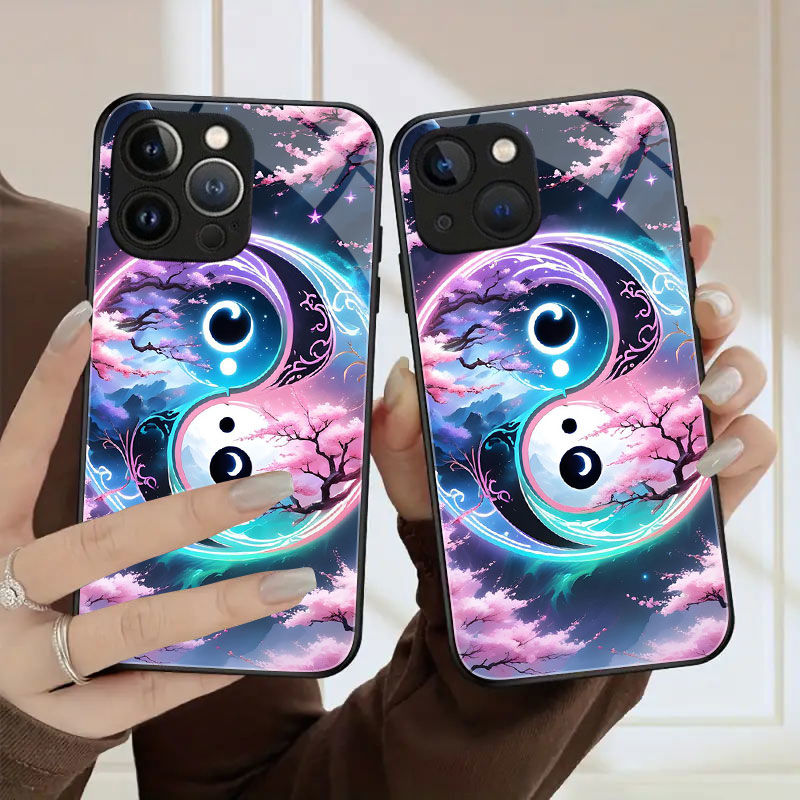 

Yin Yang Sakura Tree Tempered Glass Phone Case Bundle For Iphone 11/12/13/14/15 Pro Max Series - Scratch-resistant Durable Back Covers With Aesthetic Cosmic Design