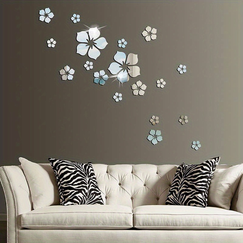 TEMU Set Of 18 Pieces 3d Flower Acrylic Mirror Wall Stickers - Self-adhesive Plastic Mirror Tiles For Home Decoration, Living Room Bedroom Bathroom Wall Decor